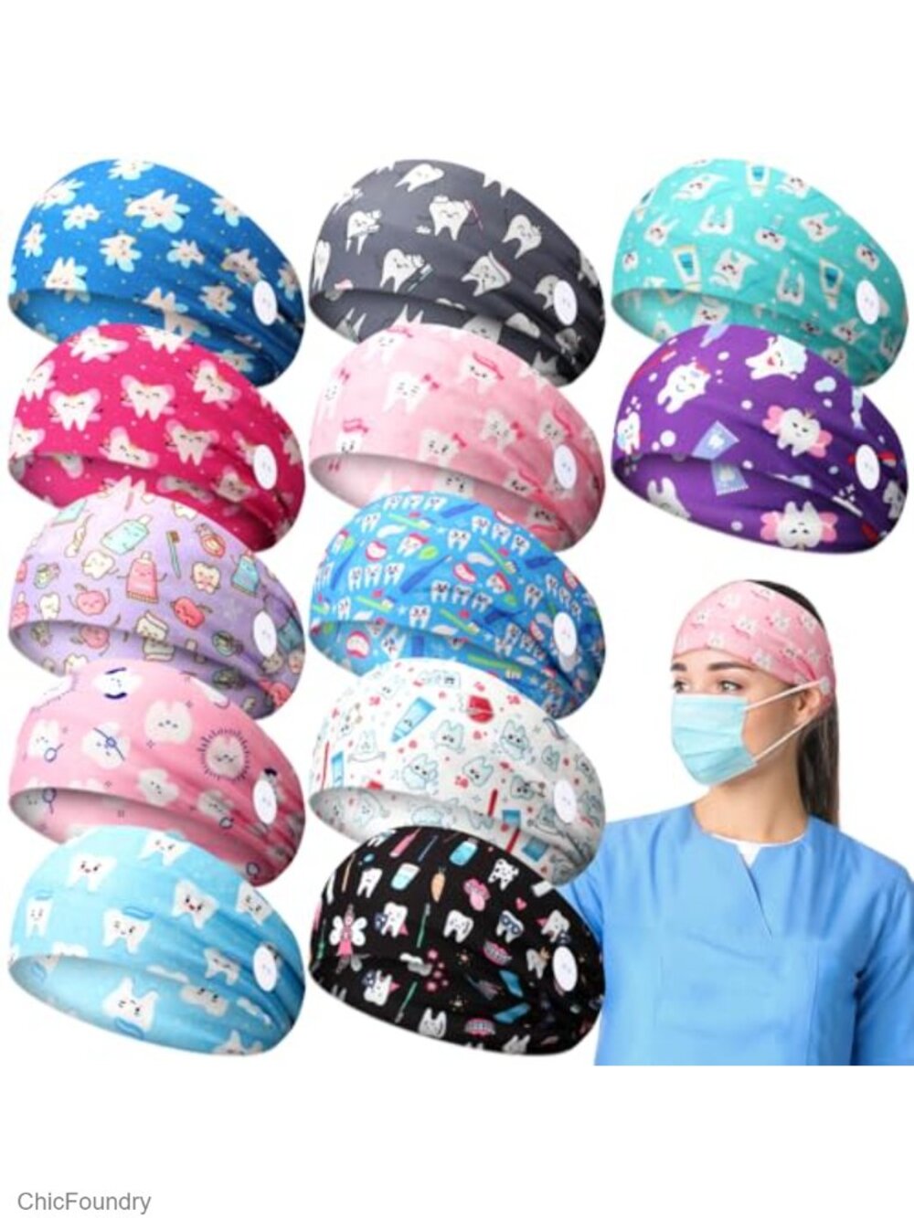 12 Pack Nurse Headbands for Women, Elastic Fabric Dental Hygienist Headband,